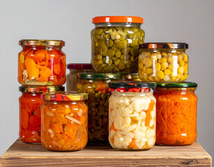 Stacked Jars of Preserved Vegetables on Wooden Stand