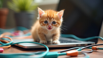 Kitten playing with laptop cables next to a laptop