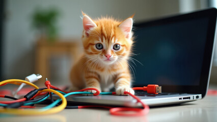 Kitten playing with laptop cables next to a laptop