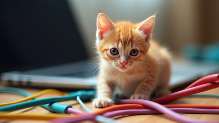 Kitten playing with laptop cables next to a laptop