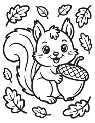 Squirrel Holding Acorn with Leaves Coloring Page