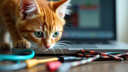 Kitten playing with laptop cables next to a laptop