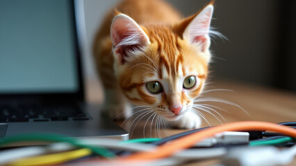 Kitten playing with laptop cables next to a laptop