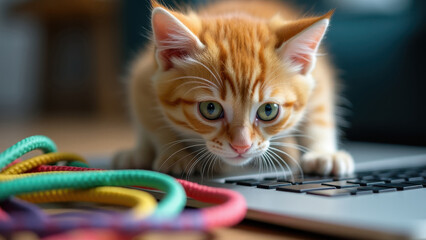 Kitten playing with laptop cables next to a laptop