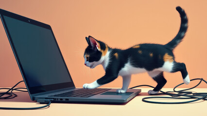 Kitten playing with laptop cables next to a laptop