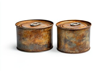 Two rusty metal food cans on white background