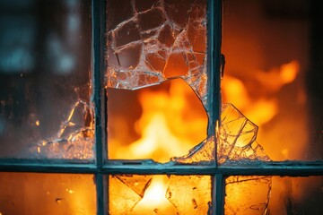 Broken glass window shows flames behind it, disaster. It depicts loss, danger, and devastation for designs.