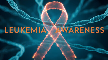 A glowing orange awareness ribbon set against a dynamic background of abstract blue strands with the text Leukemia Awareness