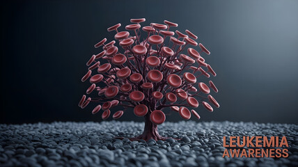 A tree made from red blood cells, set against a textured background with the text Leukemia Awareness