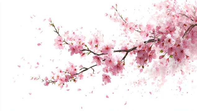Delicate pink cherry blossom branch with falling petals against a stark white background, conveying a sense of spring and fleeting beauty