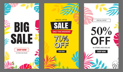 Summer sale poster banner templates for advertising. Set of sale flyers with tropical and beach elements.