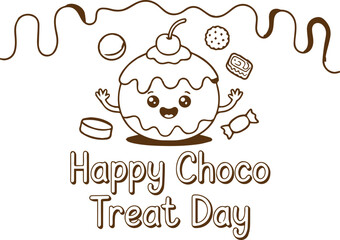 Happy Choco Treat Day Line Art Illustration with Cute Dessert Character
