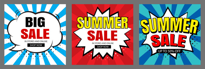 Summer sale banner templates for social media advertising. Set of big sale flyers with tropical and beach elements.
