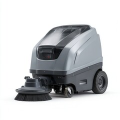 Compact, silver ride-on floor scrubber with a large cylindrical brush, isolated on white