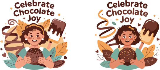 Celebrate Chocolate Joy Artwork with Girl Holding Truffle and Sweet Treats