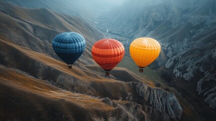Obraz premium Three colorful hot air balloons flying over a rugged mountainous landscape with a misty valley in the background