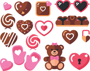 Cute Chocolate and Valentine Icons Set with Hearts, Bear, and Sweets