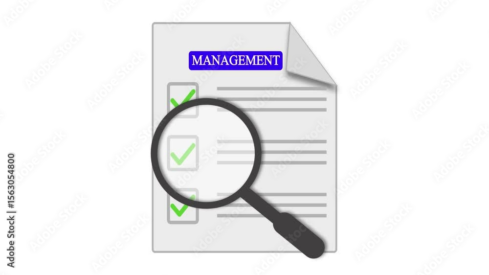 Aufkleber document review with magnifying glass highlighting management tasks completion. management task comp