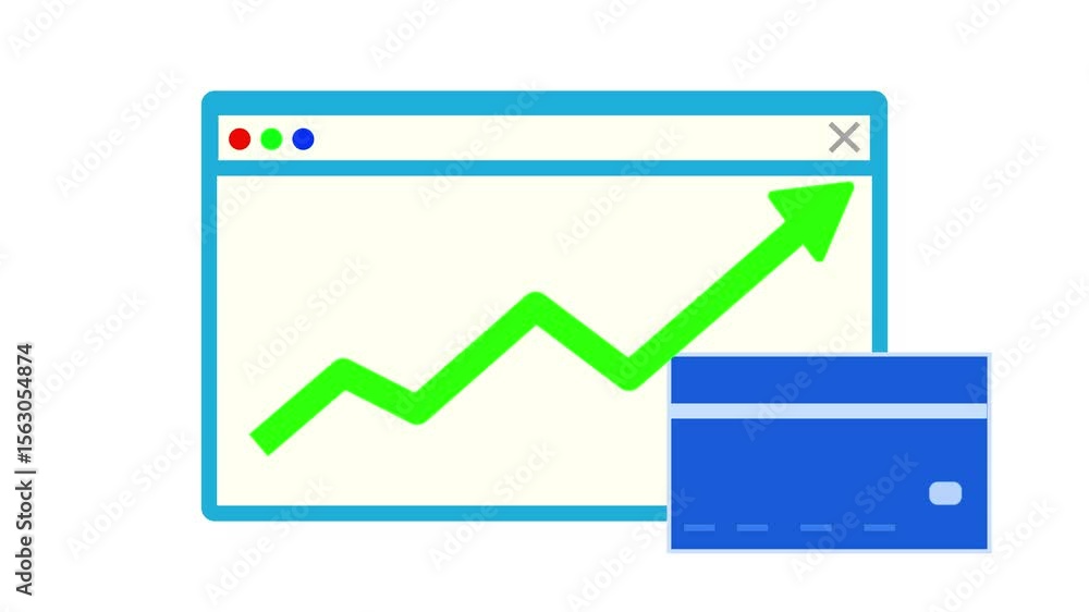 Poster animated depiction of financial growth represented by an arrow chart in a browser window next to a c