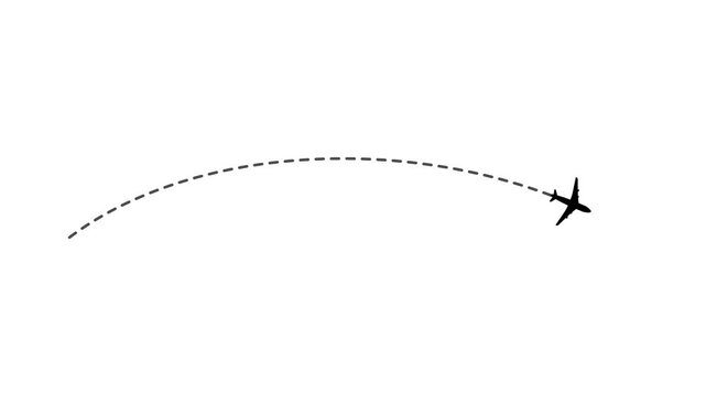 Animation of a plane and dotted line path from left to right point. Concept of movement, moving, flying and goal.