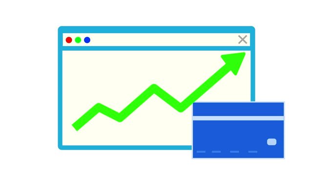 Animated depiction of financial growth represented by an arrow chart in a browser window next to a credit card symbol. Financial growth depicted with arrow chart next to credit card.