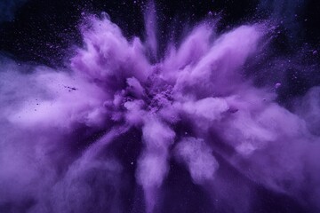 A purple powder cloud bursts on a dark background, dramatic and impactful. Use it to illustrate creativity, explosive growth, or colorful events.