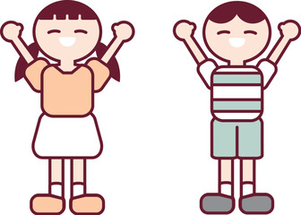 手を挙げて嬉しそうにポーズをとる夏服の男の子と女の子