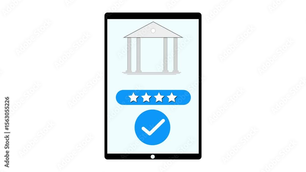 Aufkleber digital banking application on tablet displaying bank building icon and customer satisfaction rating