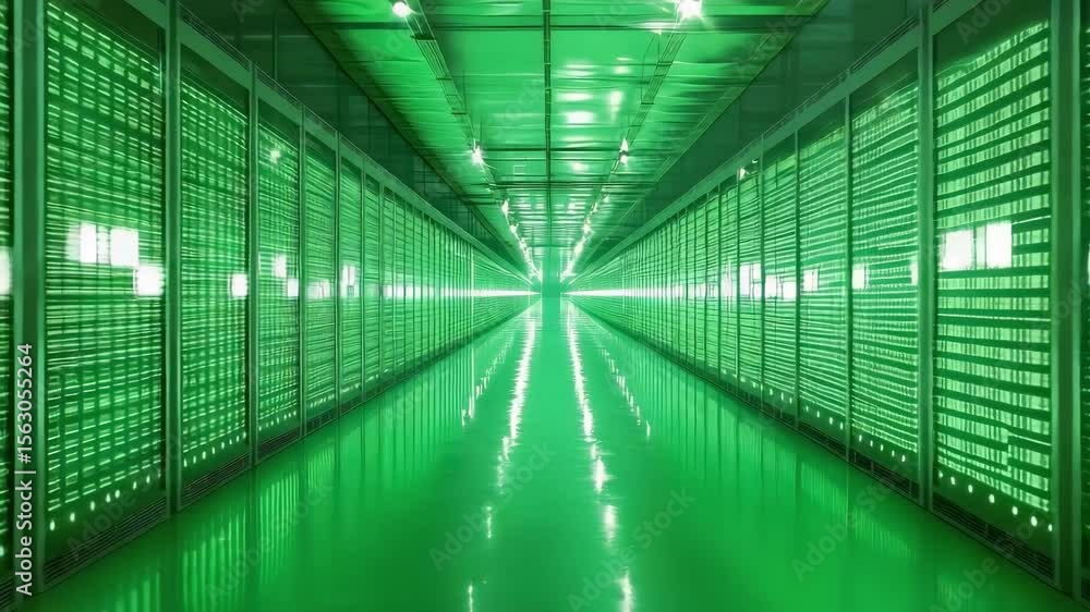 Poster a data center corridor illuminated with green lights, featuring rows of servers or storage units on 
