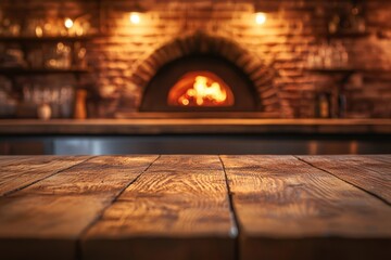 Rustic wooden table in front of a brick oven restaurant