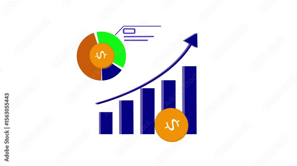 Poster animated financial growth chart with pie chart and dollar coin symbol on a clean white background. p