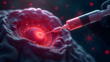 3D illustration of embryonic stem cells being injected into damaged neural tissue, cellular therapy, human brain internal view, blood vessels, slow healing process