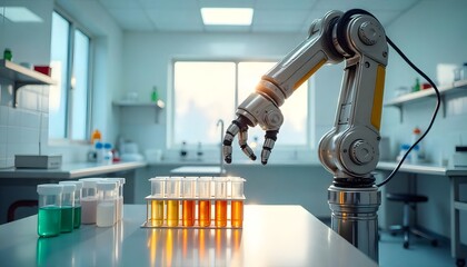A gleaming, chrome medical robot arm meticulously handling test tubes in a brightly lit, sterile laboratory. The lab features white tiled walls, stainless steel benches, and complex machinery. It is d