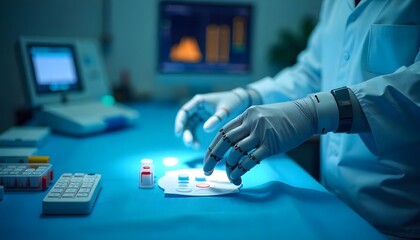 medical robot arm in a laboratory operating samples, blue light