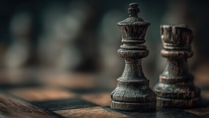 Close-up of two dark, aged wooden chess pieces, a queen and a damaged king, on a blurred chessboard