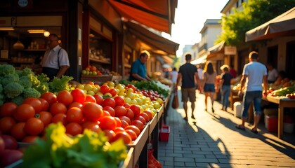 A wide shot of a bustling market stall overflowing with vibrant, freshly harvested vegetables on a sunny summer day, with a blue sky overhead and cheerful shoppers browsing.