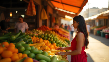 A wide shot of a market stall bursting with fresh vegetables on a bright summer day, featuring a Hispanic woman with long dark hair, wearing a red sundress, selling corn and zucchini.