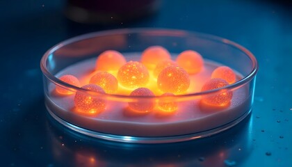 3D illustration of embryonic stem cells glowing with bioluminescence inside a petri dish, cellular therapy research lab, sterile environment, bright overhead lighting.