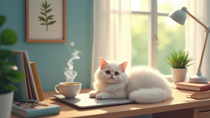 Cozy home office with cat lying on laptop and coffee cup nearby