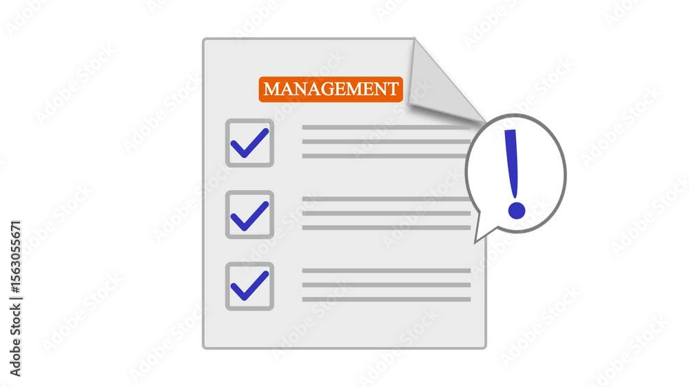 Poster management checklist document with checked boxes and exclamation point alert. document checklist sho