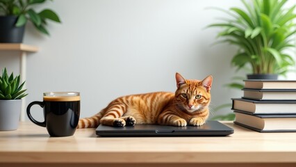 Cozy home office with cat lying on laptop and coffee cup nearby