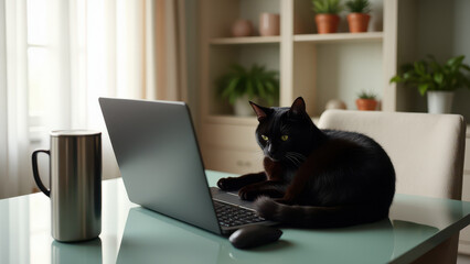 Cozy home office with cat lying on laptop and coffee cup nearby