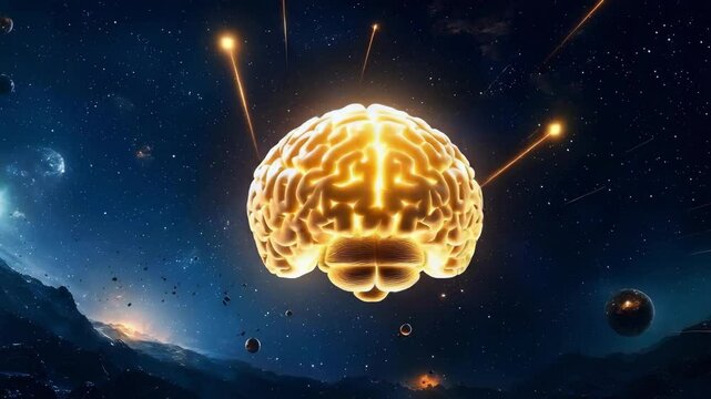 A glowing brain floating in space with stars and celestial elements surrounding it, symbolizing creativity or intelligence.