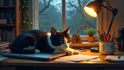 Cozy home office with cat lying on laptop and coffee cup nearby