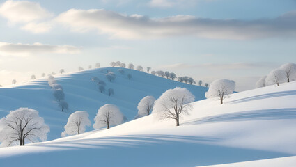 Quiet Snowy Hills and Frosted Trees in a Serene Frozen Countryside Scene