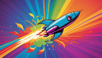 Whimsical Rocket Launch: Cartoon Spacecraft Soaring Through Rainbow Rays.