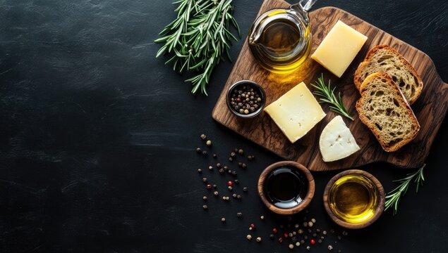 Assorted cheeses, toasted bread, rosemary, olive oil, and spices on a dark surface - Powered by Adobe