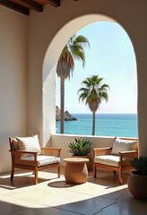 Fototapeta premium A serene Mediterranean terrace perfectly framed by a beautiful arch, with two elegant armchairs offering a tranquil escape and a stunning view of the sea. 