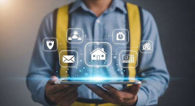 A construction worker is holding a tablet with home automation and security icons floating above it