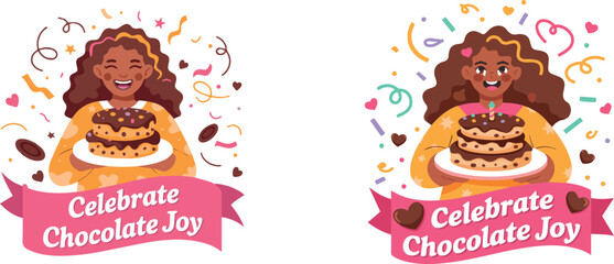Celebrate Chocolate Joy Illustration with Happy Girl Holding Layer Cake